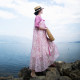 Spot retro pink dress for women summer print loose long skirt for centre sleeves