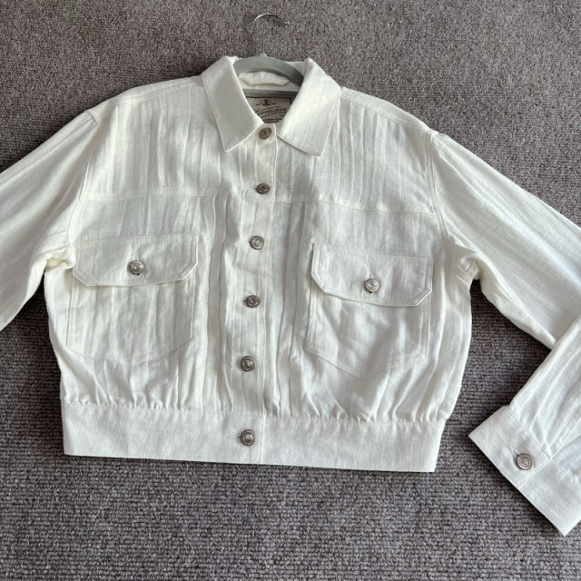 European single new spring style for girls, fashionable white linen, shoulder-loose short style, work jacket
