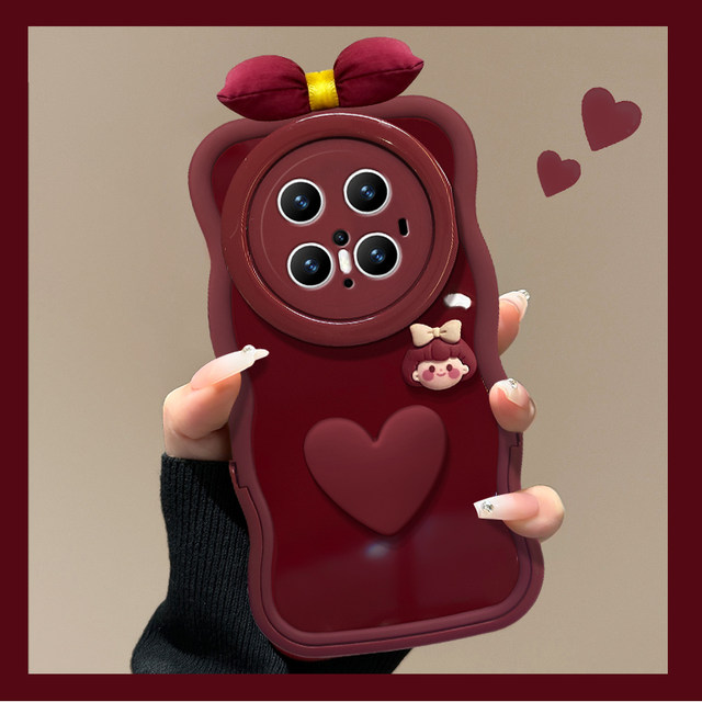 Suitable for Huawei Mate70pro mobile phone case new female model mate60pro+ bow love girl 50/40e burgundy New Year 30 invisible double bracket silicone wavy edge soft silicone case