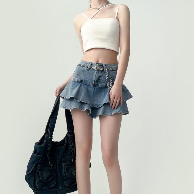 Sunshine girl anti-exposure double-layer hot girl denim skirt large size high waist a-line cake ruffled miniskirt