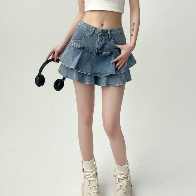 Sunshine girl anti-exposure double-layer hot girl denim skirt large size high waist a-line cake ruffled miniskirt