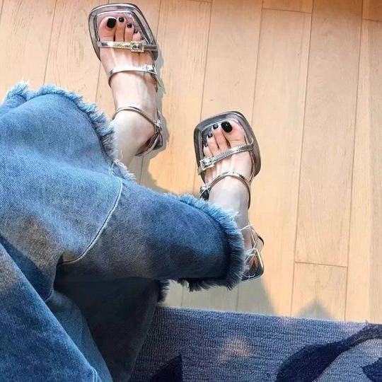 2025 summer new fashion sandals for women, thick heel, silver square toe, open toe, rhinestone temperament, gentle sandals