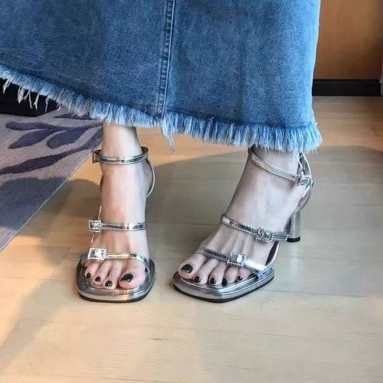 2025 summer new fashion sandals for women, thick heel, silver square toe, open toe, rhinestone temperament, gentle sandals