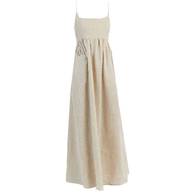 posed French square collar black white cotton linen suspender dress for women's temperament beach slim vacation long skirt