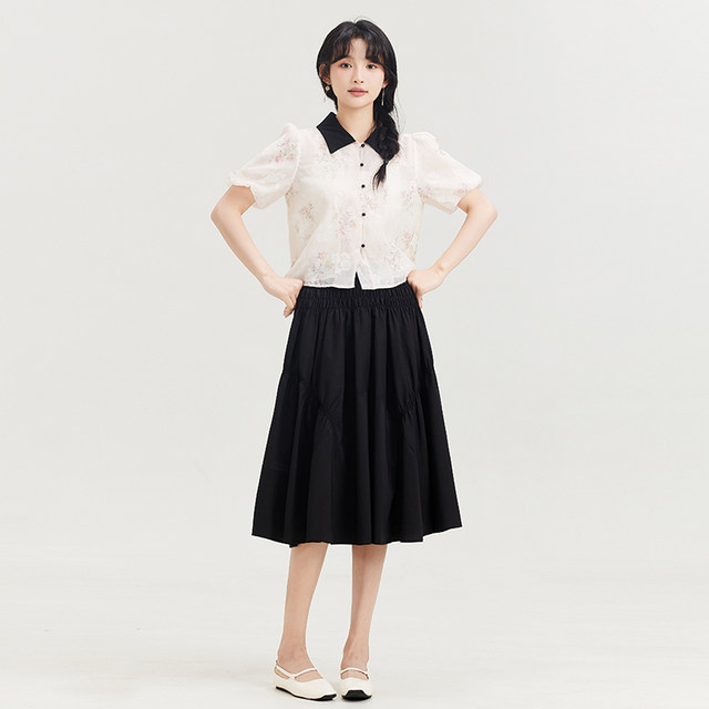D.SIGN contrasting lapel printed shirt for women 2025 summer new puff sleeve loose age-reducing small shirt