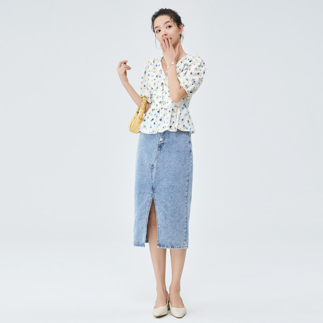 D.SIGN sweet printed puff sleeve V-neck shirt for women's summer 2025 new short sleeve short trouser top