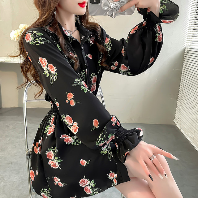 Pink printed mid-length French shirt top for women large size elastic waist ruffle flared sleeve chiffon shirt spring