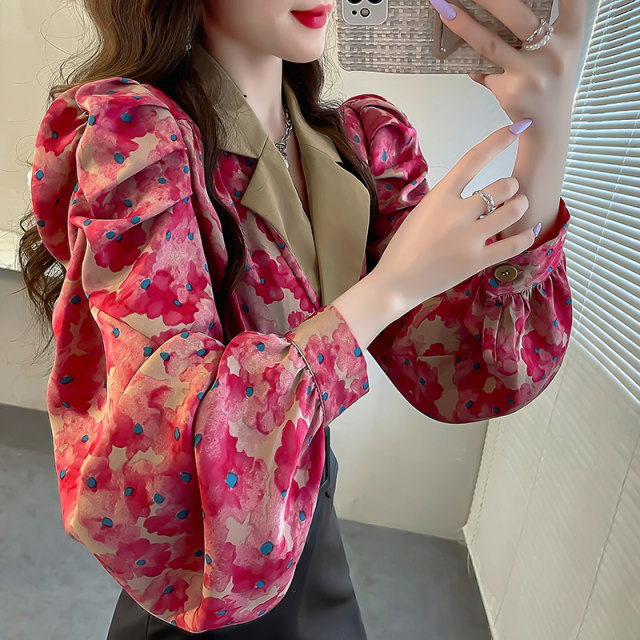 French chic small shirt autumn clothes large size printed puff sleeve top women's niche light luxury temperament suit collar shirt fairy
