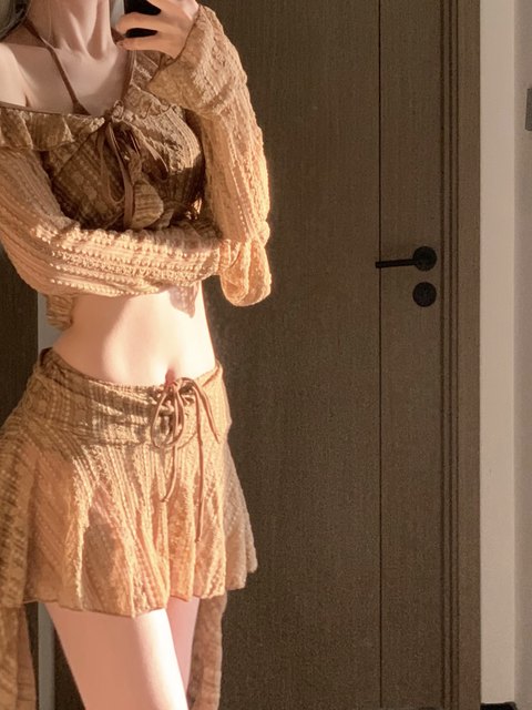 mosricci skirt-style split swimsuit with breast pads four-piece women's lace sexy conservative body-covering sunscreen bikini