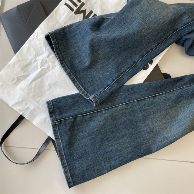 Four -sided bombs embroidered pocket high waist wide -leg flared pants female autumn loose and versatile thin mopped straight tube micro -jeans

