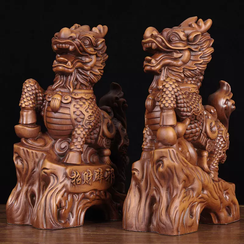 花梨黑檀木雕麒麟摆件公母一对手工艺品客厅招财旺宅