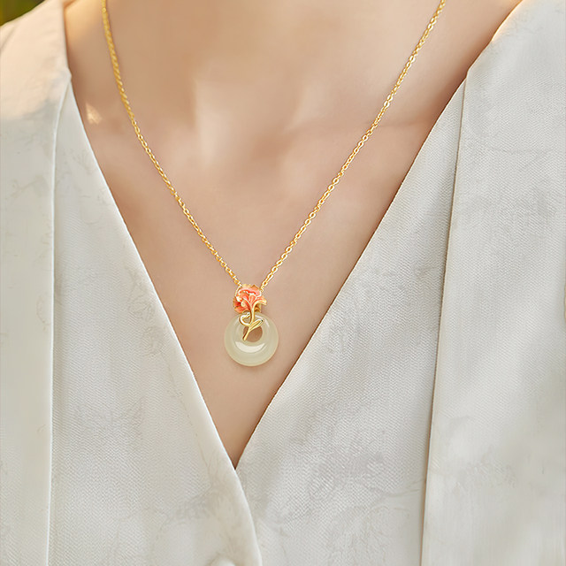 China Gold Central Carnation Peace Buckle Necklace Women's Hetian Jade Pendant Genuine Mother's Birthday Gift