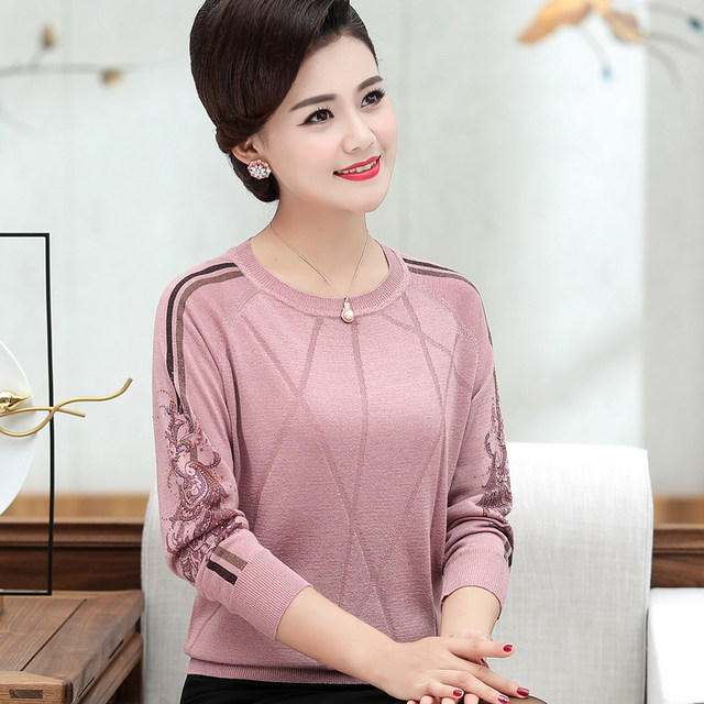 Mother's spring long-sleeved top thin T-shirt with extra fat and size 40-50 years old middle-aged and elderly women's autumn bottoming shirt western style