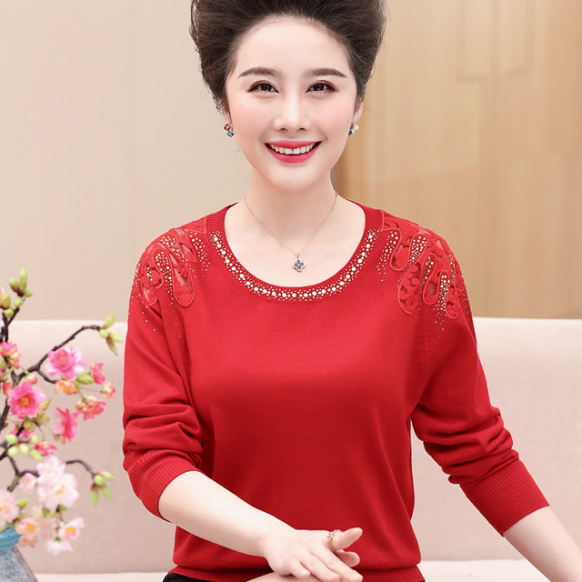 Middle-aged and elderly women's clothing plus fat and plus size mother-in-law wool bottoming shirt 40-50 years old temperament fat mother plus size spring and autumn clothing