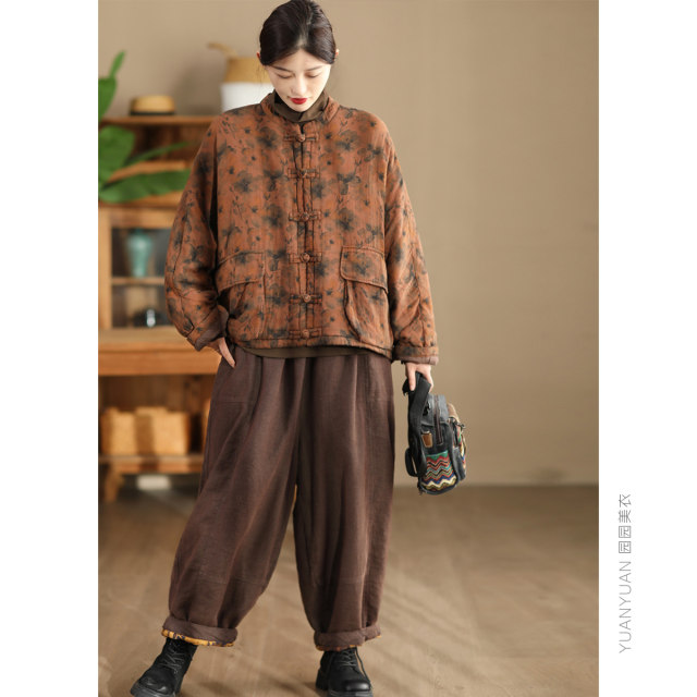 Winter retro fried color printed cotton thickened cotton coat for women new Chinese style handmade buckle cotton jacket for cotton jacket