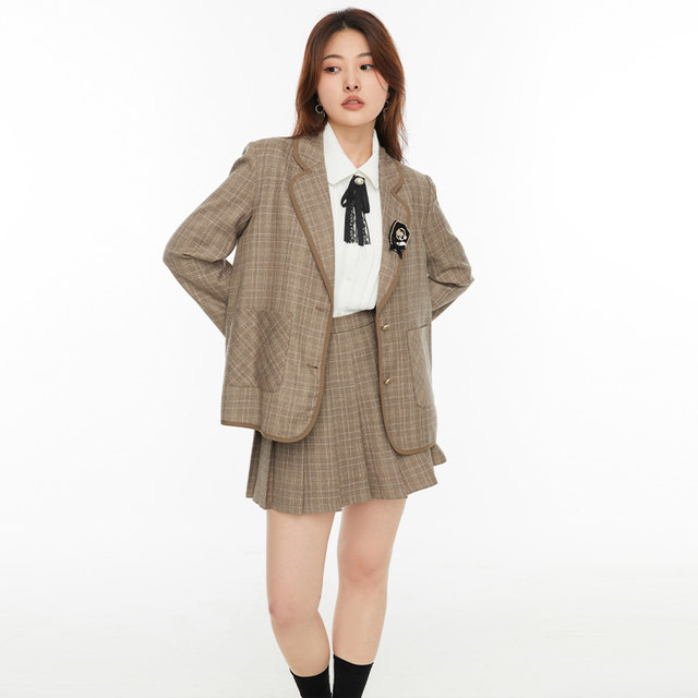 GW large size fat MM 2025 autumn new plaid suit jacket skirt JK uniform college style suit for women