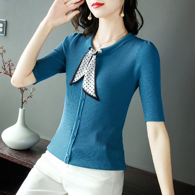 Tight T-shirt for women's summer mid-sleeved 2025 new bow scarf collar blue slim temperament high-end high-waist top