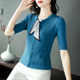 Tight T-shirt for women's summer mid-sleeved 2025 new bow scarf collar blue slim temperament high-end high-waist top