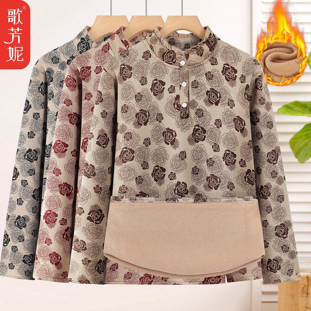 Middle -aged mother plus velvet thickened bottom shirt 2025 winter middle -aged and elderly women's warm underwear foreign shirt top