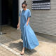 Loose large size dress over knee long T -shirt skirt Academy of temperament, thin short -sleeved round neck doll skirt