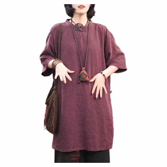 Chinese style retro embroidery stand -up collar cotton linen shirt female middle -style large -size striped linen line buckle medium long small shirt top
