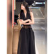 Black high-end V-neck halter neck dress for women early autumn outfit 2025 new temperament waist-hugging A-line long skirt
