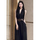 Black high-end V-neck halter neck dress for women early autumn outfit 2025 new temperament waist-hugging A-line long skirt