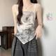 Large size 300jin [Jin is equal to 0.5 kg] New Chinese -style ink painting suspender vest Female with Xia Fat mm outside wearing irregular short tops
