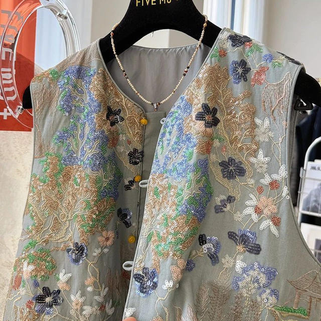 Large size 300 Jin [Jin equals 0.5 kg] Fat mm Heavy Industry Embroidery Sequins New Chinese Style Light Chinese Style Vest Vest Coat Women's Summer Outdoor Wear