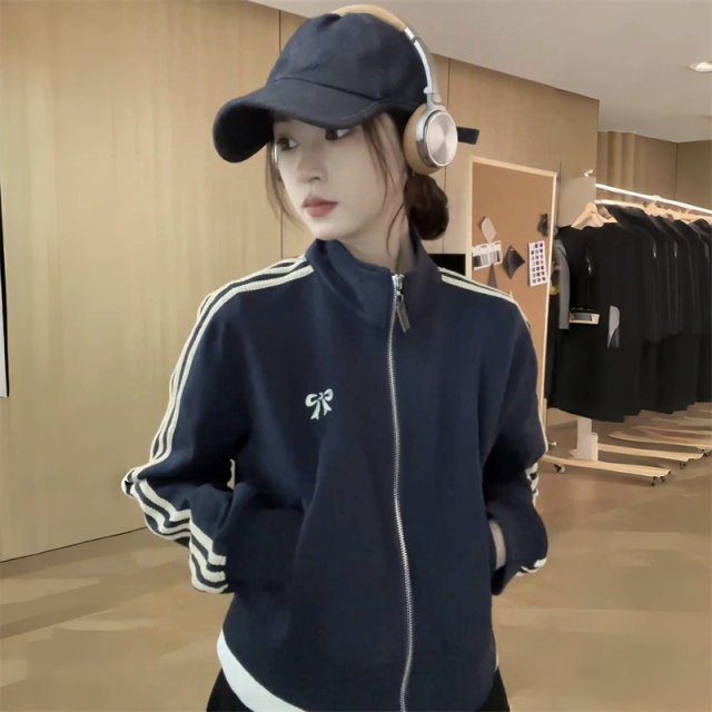 Retro striped bow printed short small jacket stand collar cardigan sporty and fashionable loose top spring

