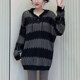 hooded sweater for women 2023 autumn new lazy style Korean version hollow knitted striped design casual long-sleeved top