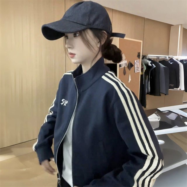 Retro striped bow printed short small jacket stand collar cardigan sporty and fashionable loose top spring
