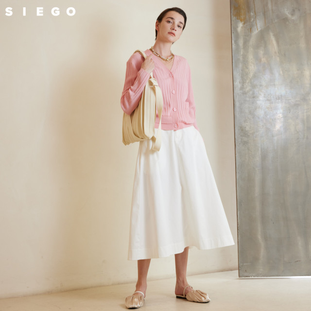 Siego Commuter Simple Pocket Black and White Cotton A-shaped Slim Long Skirt 64412602
