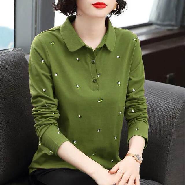 Polo shirt long -sleeved T -shirt women loose large size Mom dress spring 2024 new sports shirt, thin top bottom shirt
