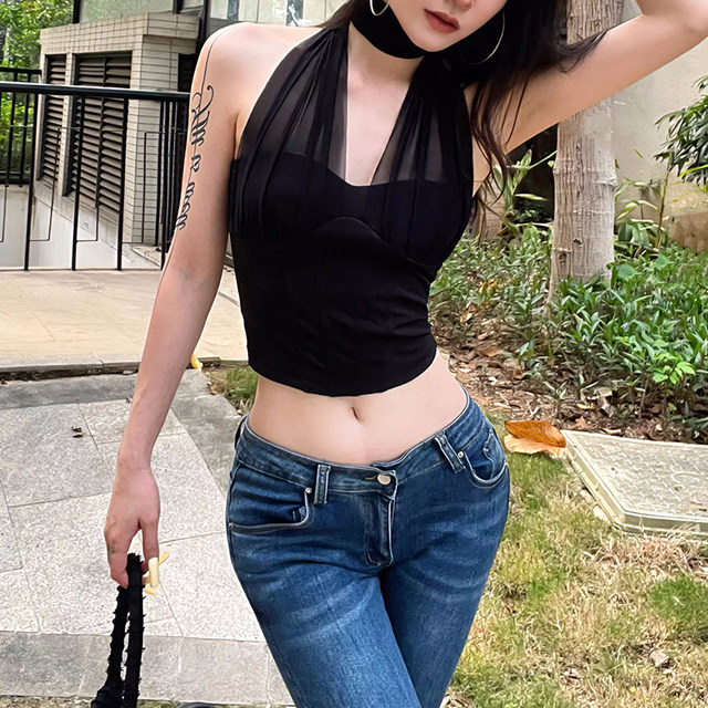 KLIOU cuts men and women's sexy mesh splicing halter neck strap vest women look slim and waist-hugging hot girl short top