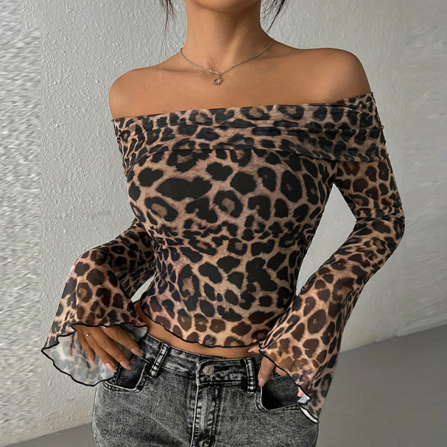 Shemoda European and American style sexy double-layer mesh leopard print one-length neck long-sleeved T-shirt women's slim short top