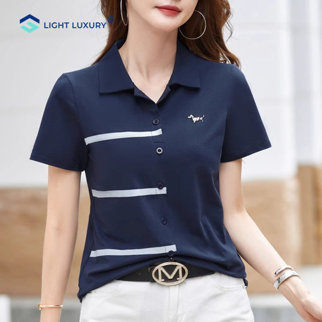 Pure cotton grey short-sleeved T-shirt for women in summer new loose shoulder lapel top belly-covering button high-end Polo shirt