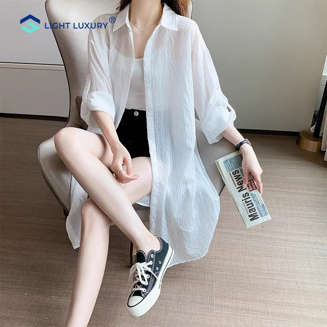 New summer white sunscreen shirt for women high-end temperament sunscreen clothing mid-length striped jacket