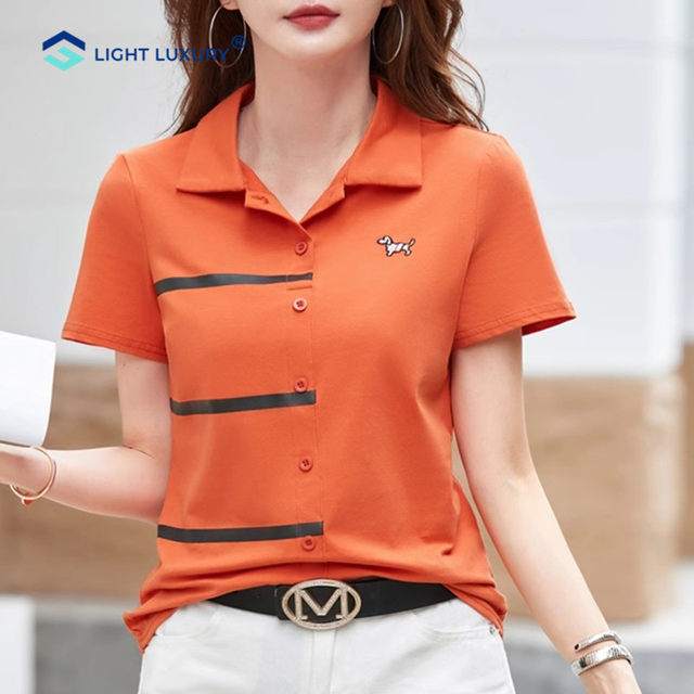 Pure cotton grey short-sleeved T-shirt for women in summer new loose shoulder lapel top belly-covering button high-end Polo shirt