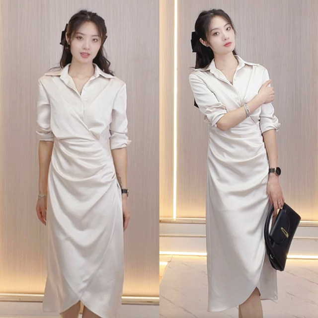 Dresses, women's shirts, professional temperament, high-end long-sleeved slim long skirt, irregular waist-hugging skirt, over-knee skirt