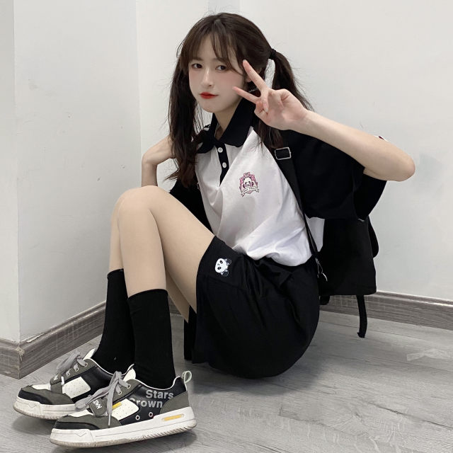 Original energetic girl's daily jk summer loose color-blocked shoulder-length sleeve lapel POLO shirt top T-shirt
