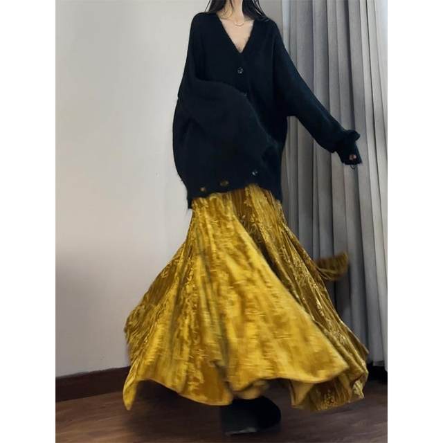 Reading garment technique gold printed skirt Chinese style old money style velvet skirt irregular gold velvet fishtail skirt