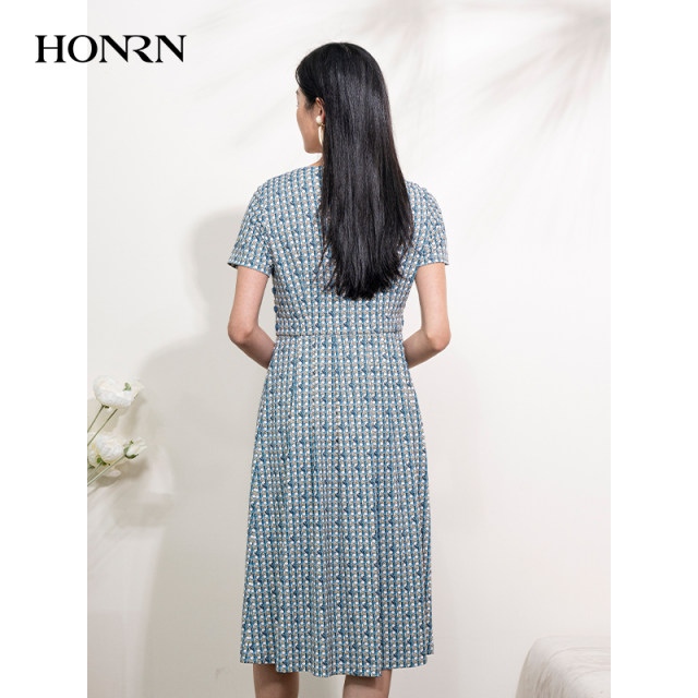 HONRN/Red Elegant Printed Short Sleeve Round Neck Waist Slim Skirt A-line Dress Women's Summer HI22OL481