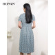 HONRN/Red Elegant Printed Short Sleeve Round Neck Waist Slim Skirt A-line Dress Women's Summer HI22OL481