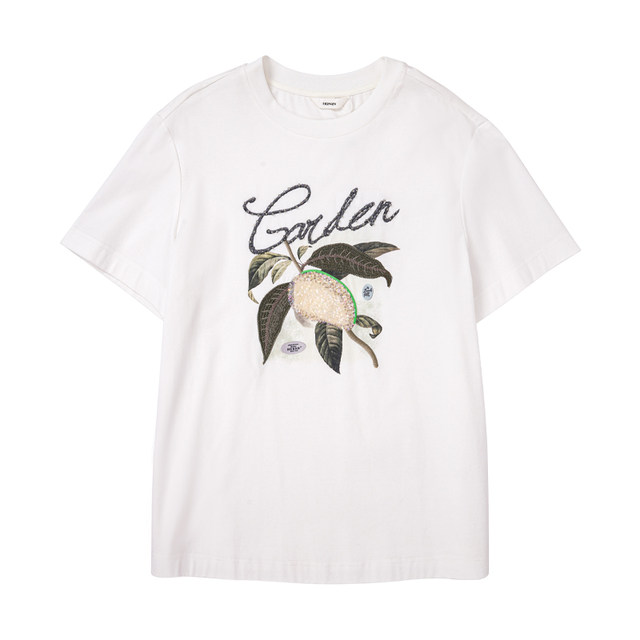 HONRN/Red loose white sequin bead embroidered pure cotton short-sleeved shoulder women's T-shirt summer HI22SY523