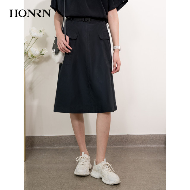 HONRN/Red Casual Black Double Pocket Belt A-line Skirt Skirt Women's Spring and Autumn Medium-length HI11OQ252