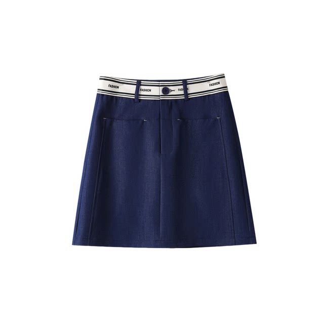 Summer dark blue contrast spliced ​​short skirt imitation denim skirt A-line temperament retro zipper anti-exposure casual
