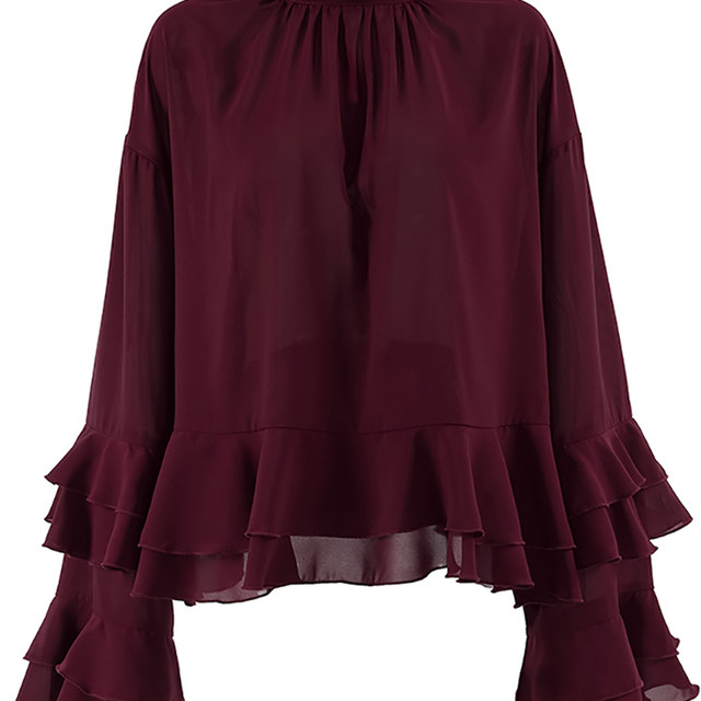 European and American shirts for women long sleeves loose layered ruffle brown 2025 summer casual temperament women's top vacation