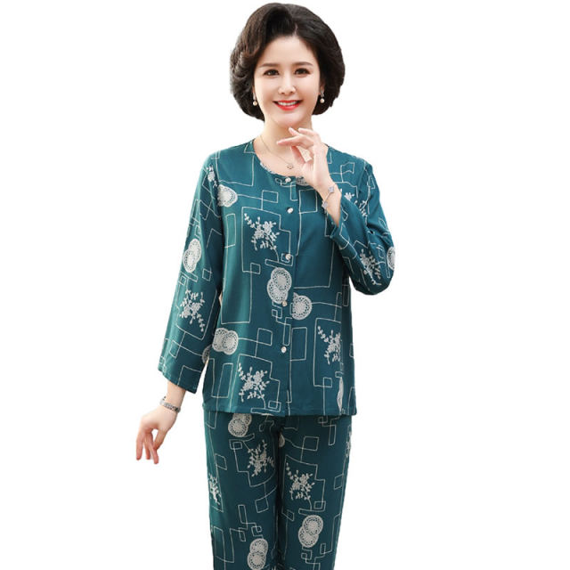 Women's cotton silk pajamas women's new 2025 summer ice silk can be worn outside mother's long-sleeved cardigan thin home clothes