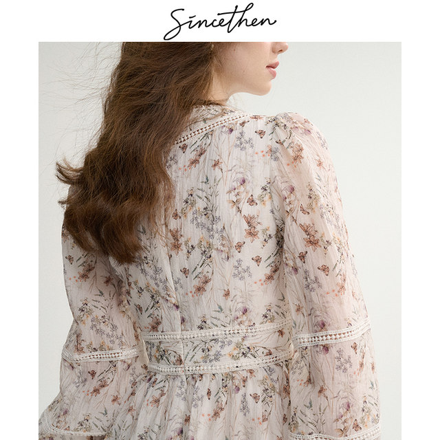Sincethen French floral skirt long-sleeved dress spring short skirt small vacation outfit women's spring